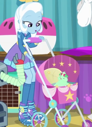 Size: 513x704 | Tagged: safe, screencap, character:trixie, species:dog, episode:best in show: the pre-show, g4, my little pony:equestria girls, cropped, cute, diatrixes, pet carrier, stroller, trixie's dog