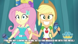 Size: 888x499 | Tagged: safe, screencap, character:applejack, character:fluttershy, episode:best in show: the pre-show, g4, my little pony:equestria girls, caption, image macro, microphone, text