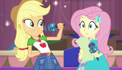Size: 1280x738 | Tagged: safe, screencap, character:applejack, character:fluttershy, episode:best in show: the pre-show, g4, my little pony:equestria girls, cute, jackabetes, microphone, nervous, shy, shyabetes, smiling