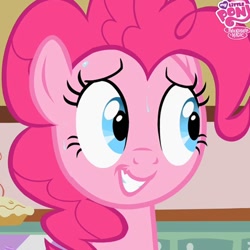 Size: 540x540 | Tagged: safe, screencap, character:pinkie pie, species:pony, episode:the cutie pox, g4, my little pony: friendship is magic, cropped, grin, logo, nervous, nervous grin, smiling, solo, sweat
