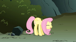 Size: 1920x1080 | Tagged: safe, screencap, character:fluttershy, species:pegasus, species:pony, episode:dragonshy, g4, my little pony: friendship is magic, backbend, context is for the weak, eyes closed, female, mare, solo, stretching