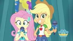 Size: 1920x1080 | Tagged: safe, screencap, character:applejack, character:fluttershy, episode:best in show: the pre-show, g4, my little pony:equestria girls, best in show logo, geode of fauna, geode of super strength, magical geodes, microphone