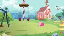 Size: 1920x1080 | Tagged: safe, screencap, character:pinkie pie, species:pony, episode:feeling pinkie keen, g4, my little pony: friendship is magic, cute, horses doing horse things, ponyville schoolhouse, rolling, school, solo