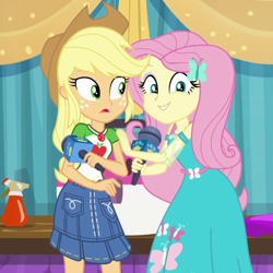 Size: 894x894 | Tagged: safe, screencap, character:applejack, character:fluttershy, episode:best in show: the pre-show, g4, my little pony:equestria girls, applejack's hat, clothing, cowboy hat, cropped, female, geode of fauna, geode of super strength, hat, magical geodes