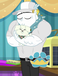 Size: 714x942 | Tagged: safe, screencap, character:bulk biceps, species:dog, episode:best in show: the pre-show, g4, my little pony:equestria girls, animal, baseball cap, cap, clothing, cropped, duo, hat, kissing, male, pet, vein, wooyoo