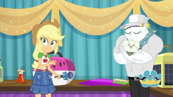 Size: 1920x1080 | Tagged: safe, screencap, character:applejack, character:bulk biceps, species:dog, episode:best in show: the pre-show, g4, my little pony:equestria girls, applejack's hat, baseball cap, belt, cap, clothing, cowboy hat, denim skirt, female, freckles, geode of super strength, hat, kissing, magical geodes, male, microphone, skirt, stetson, wooyoo