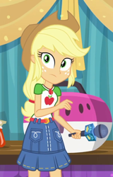 Size: 600x937 | Tagged: safe, screencap, character:applejack, episode:best in show: the pre-show, g4, my little pony:equestria girls, applejack's hat, belt, clothing, cowboy hat, denim skirt, female, freckles, geode of super strength, hat, magical geodes, microphone, skirt, stetson