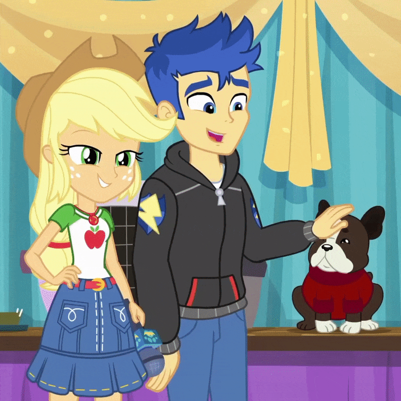 Size: 800x800 | Tagged: safe, screencap, character:applejack, character:flash sentry, species:dog, episode:best in show: the pre-show, g4, my little pony:equestria girls, animated, applejack's hat, banana (dog), boston terrier, clothing, cowboy hat, cropped, cute, denim skirt, diasentres, female, geode of super strength, gif, hat, magical geodes, male, petting, skirt