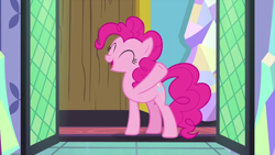 Size: 1280x720 | Tagged: safe, screencap, character:pinkie pie, species:earth pony, species:pony, episode:ail-icorn, door, female, mare, solo