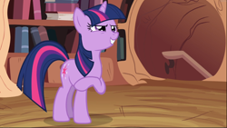 Size: 1668x940 | Tagged: safe, screencap, character:twilight sparkle, character:twilight sparkle (unicorn), species:pony, species:unicorn, episode:lesson zero, g4, my little pony: friendship is magic, confident, female, golden oaks library, mare, narrowed eyes, raised hoof, smiling, solo