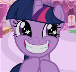 Size: 988x938 | Tagged: safe, screencap, character:twilight sparkle, character:twilight sparkle (unicorn), species:pony, species:unicorn, episode:lesson zero, g4, my little pony: friendship is magic, cropped, cute, eager, female, hooves together, smiling, solo, starry eyes, teeth, wingding eyes