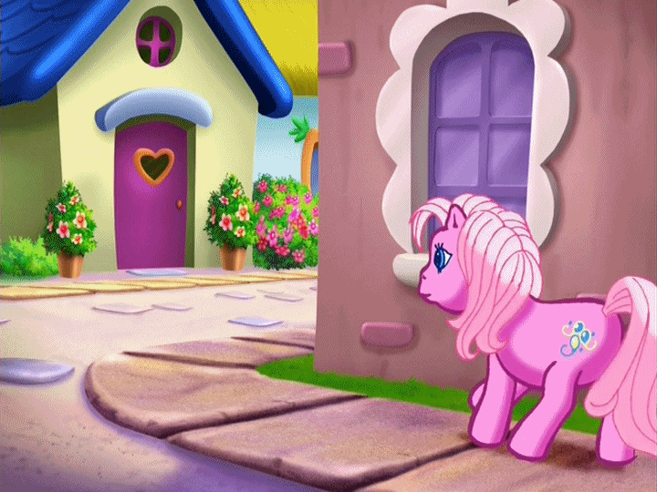 Size: 720x540 | Tagged: safe, screencap, character:pinkie pie (g3), character:puzzlemint, species:earth pony, species:pony, episode:positively pink, g3, animated, duo, female, gif, mare, oops, ouch