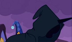 Size: 1398x831 | Tagged: safe, screencap, character:princess luna, species:pony, episode:luna eclipsed, g4, my little pony: friendship is magic, cloak, clothing, cropped, female, hooded, solo