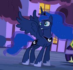 Size: 687x667 | Tagged: safe, screencap, character:princess luna, species:alicorn, species:pony, episode:luna eclipsed, g4, my little pony: friendship is magic, confused, cropped, crown, ethereal mane, female, galaxy mane, hoof shoes, jewelry, mare, peytral, regalia, solo, spread wings, wings