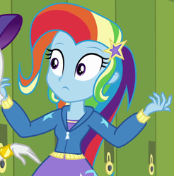 Size: 1004x1019 | Tagged: safe, screencap, character:rarity, character:trixie, episode:best trends forever, g4, my little pony:equestria girls, :c, best trends forever: rainbow dash, canterlot high, choose rainbow dash, clothing, cropped, cute, diatrixes, frown, hallway, hoodie, implied rainbow dash, lockers, multicolored hair, offscreen character, rainbow hair, shrunken pupils, solo focus, wide eyes