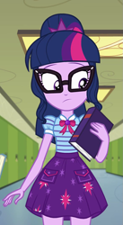 Size: 587x1070 | Tagged: safe, screencap, character:twilight sparkle, character:twilight sparkle (scitwi), species:eqg human, episode:best trends forever, g4, my little pony:equestria girls, best trends forever: twilight sparkle, book, clothing, cropped, cyoa, female, geode of telekinesis, glasses, lockers, magical geodes, ponytail, skirt