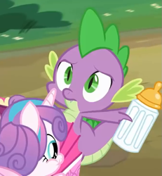 Size: 665x720 | Tagged: safe, screencap, character:princess flurry heart, character:spike, species:dragon, species:pony, episode:a flurry of emotions, g4, my little pony: friendship is magic, baby bottle, claws, cropped, eyes on the prize, female, male
