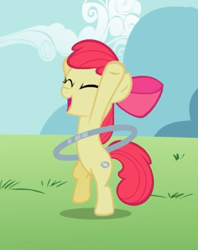 Size: 497x626 | Tagged: safe, screencap, character:apple bloom, species:earth pony, species:pony, episode:the cutie pox, g4, my little pony: friendship is magic, bipedal, bow, cropped, eyes closed, female, filly, hair bow, happy, hooves in air, loop-de-hoop, open mouth, smiling, solo