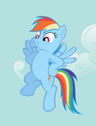 Size: 679x885 | Tagged: safe, screencap, character:rainbow dash, species:pegasus, species:pony, episode:the mysterious mare do well, g4, my little pony: friendship is magic, cropped, female, flying, hooves on hips, mare, pose, smiling, solo, spread wings, wings