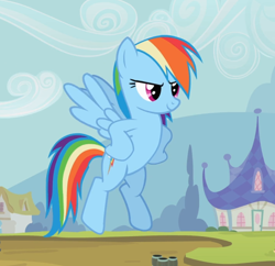 Size: 924x894 | Tagged: safe, screencap, character:rainbow dash, species:pegasus, species:pony, episode:the mysterious mare do well, g4, my little pony: friendship is magic, cropped, female, flying, hooves on hips, mare, smiling, solo, spread wings, wings