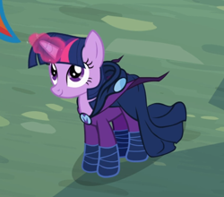 Size: 788x692 | Tagged: safe, screencap, character:mare do well, character:twilight sparkle, character:twilight sparkle (unicorn), species:pony, species:unicorn, episode:the mysterious mare do well, g4, my little pony: friendship is magic, cape, clothing, costume, cropped, female, glowing horn, smiling, solo