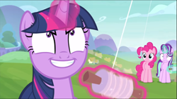 Size: 1367x770 | Tagged: safe, screencap, character:pinkie pie, character:starlight glimmer, character:twilight sparkle, character:twilight sparkle (alicorn), species:alicorn, species:earth pony, species:pony, species:unicorn, episode:starlight the hypnotist, evil grin, faec, female, glowing horn, grin, kite, kite flying, levitation, magic, mare, smiling, telekinesis, twilight snapple, wide eyes