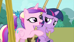 Size: 1280x720 | Tagged: safe, screencap, character:princess cadance, character:twilight sparkle, species:alicorn, species:pony, species:unicorn, episode:a canterlot wedding, g4, my little pony: friendship is magic, duo, duo female, female, filly, out of context, princess, swing, teen princess cadance, teenager, younger