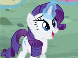 Size: 1180x884 | Tagged: safe, screencap, character:rarity, species:pony, species:unicorn, episode:sweet and elite, g4, my little pony: friendship is magic, cropped, female, glowing horn, magic, mare, open mouth, smiling, solo, telekinesis