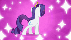 Size: 1668x939 | Tagged: safe, screencap, character:rarity, species:pony, species:unicorn, episode:sweet and elite, g4, my little pony: friendship is magic, becoming popular, cutie mark, female, jewelry, mare, pose, purple background, rear view, simple background, solo, tiara