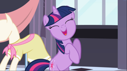 Size: 1668x939 | Tagged: safe, screencap, character:twilight sparkle, character:twilight sparkle (unicorn), species:pony, species:unicorn, episode:sweet and elite, g4, my little pony: friendship is magic, bipedal, cute, cutie mark, eyes closed, female, happy birthday, hooves together, mare, smiling, solo, twiabetes