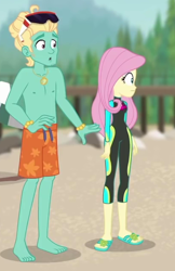 Size: 410x634 | Tagged: safe, screencap, character:fluttershy, character:zephyr breeze, episode:blue crushed (a.k.a baewatch), g4, my little pony:equestria girls, arms, bare chest, barefoot, clothing, cropped, feet, flip-flops, male, male feet, sandals, shorts, sunglasses, swimming trunks, toes, wetsuit, zephyr's necklace