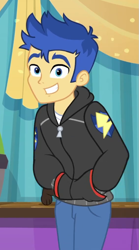 Size: 565x1016 | Tagged: safe, screencap, character:flash sentry, episode:best in show: the pre-show, g4, my little pony:equestria girls, banana (dog), clothing, cropped, cute, diasentres, hands in pockets, hoodie, looking at camera, looking at you, male, offscreen character, pants, smiling