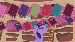 Size: 1669x939 | Tagged: safe, screencap, character:twilight sparkle, character:twilight sparkle (unicorn), species:pony, species:unicorn, episode:secret of my excess, g4, my little pony: friendship is magic, book, concentrating, eyes closed, female, focus, glowing horn, golden oaks library, hoof on head, ladder, levitation, magic, magic aura, mare, solo, telekinesis