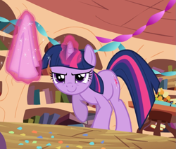 Size: 1033x881 | Tagged: safe, screencap, character:twilight sparkle, character:twilight sparkle (unicorn), species:pony, species:unicorn, episode:secret of my excess, g4, my little pony: friendship is magic, >:), bookshelf, confetti, cropped, cutie mark, determined, female, glowing horn, golden oaks library, grin, levitation, magic, mare, pawing the ground, raised hoof, smiling, smirk, solo, telekinesis, washcloth