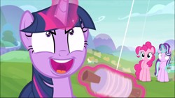 Size: 1367x770 | Tagged: safe, screencap, character:pinkie pie, character:starlight glimmer, character:twilight sparkle, character:twilight sparkle (alicorn), species:alicorn, species:earth pony, species:pony, species:unicorn, episode:starlight the hypnotist, cropped, evil grin, faec, female, glowing horn, grin, kite, kite flying, levitation, magic, mare, open mouth, shrunken pupils, smiling, telekinesis, twilight snapple, wide eyes