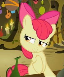 Size: 775x939 | Tagged: safe, screencap, character:apple bloom, species:earth pony, species:pony, episode:the cutie pox, g4, my little pony: friendship is magic, bow, cropped, female, filly, hair bow, narrowed eyes, raised hoof, smiling, smirk, solo