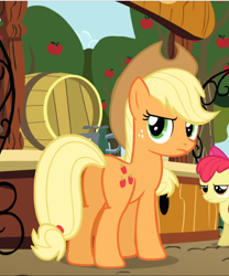 Size: 782x941 | Tagged: safe, screencap, character:apple bloom, character:applejack, species:earth pony, species:pony, episode:the super speedy cider squeezy 6000, g4, my little pony: friendship is magic, apple tree, applejack is not amused, butt, cropped, female, filly, mare, plot, rear view, solo focus, tree, unamused