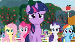 Size: 1668x940 | Tagged: safe, screencap, character:fluttershy, character:pinkie pie, character:rainbow dash, character:rarity, character:twilight sparkle, character:twilight sparkle (unicorn), species:earth pony, species:pegasus, species:pony, species:unicorn, episode:the super speedy cider squeezy 6000, g4, my little pony: friendship is magic, apple tree, cute, dashabetes, diapinkes, female, group, mane five, mare, raribetes, shyabetes, smiling, tree, twiabetes