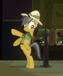 Size: 585x696 | Tagged: safe, screencap, character:daring do, species:pony, episode:read it and weep, g4, my little pony: friendship is magic, bipedal, cropped, female, solo, spikes, wide eyes