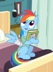 Size: 544x736 | Tagged: safe, screencap, character:rainbow dash, species:pegasus, species:pony, episode:read it and weep, g4, my little pony: friendship is magic, bandage, bed, book, cropped, cute, dashabetes, female, hospital gown, hug, mare, open mouth, sitting, smiling, solo, spread wings, wings