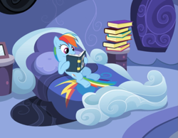 Size: 841x654 | Tagged: safe, screencap, character:rainbow dash, species:pegasus, species:pony, episode:read it and weep, g4, my little pony: friendship is magic, bed, bedroom, book, cropped, female, laying on bed, mare, rainbow dash's bedroom, reading, solo