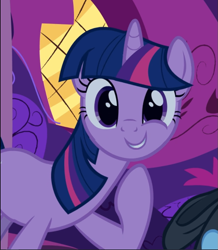 Size: 819x938 | Tagged: safe, screencap, character:rainbow dash, character:twilight sparkle, character:twilight sparkle (unicorn), species:pegasus, species:pony, species:unicorn, episode:read it and weep, g4, my little pony: friendship is magic, cropped, cute, female, golden oaks library, mare, offscreen character, raised hoof, smiling, solo focus, twiabetes