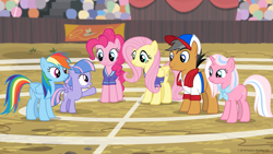Size: 1600x900 | Tagged: safe, screencap, character:clear sky, character:fluttershy, character:pinkie pie, character:quibble pants, character:rainbow dash, character:wind sprint, species:earth pony, species:pegasus, species:pony, species:unicorn, episode:common ground, g4, my little pony: friendship is magic, season 9, buckball, female, filly, foal, male, mare, stallion