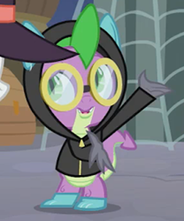 Size: 236x283 | Tagged: safe, screencap, character:spike, species:dragon, episode:sparkle's seven, g4, my little pony: friendship is magic, season 9, claws, clothing, costume, cropped, dangerous mission outfit, detective, goggles, hoodie, male, winged spike