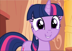 Size: 1332x942 | Tagged: safe, screencap, character:twilight sparkle, character:twilight sparkle (unicorn), species:pony, species:unicorn, episode:it's about time, g4, my little pony: friendship is magic, close-up, cropped, cute, female, golden oaks library, smiling, solo, twiabetes