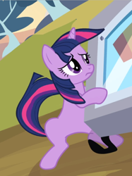 Size: 700x938 | Tagged: safe, screencap, character:twilight sparkle, character:twilight sparkle (unicorn), species:pony, species:unicorn, episode:hurricane fluttershy, g4, my little pony: friendship is magic, cropped, female, holding on, solo, windswept mane, windswept tail, worried