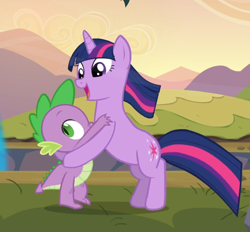 Size: 914x849 | Tagged: safe, screencap, character:spike, character:twilight sparkle, character:twilight sparkle (unicorn), species:dragon, species:pony, species:unicorn, episode:hurricane fluttershy, g4, my little pony: friendship is magic, bipedal, cropped, cute, duo, female, holding each other, male, open mouth, smiling, twiabetes, windswept mane, windswept tail