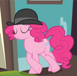 Size: 945x939 | Tagged: safe, screencap, character:pinkie pie, species:earth pony, species:pony, episode:mmmystery on the friendship express, g4, my little pony: friendship is magic, bowler hat, clothing, cool, cropped, crossed hooves, eyes closed, female, hat, leaning, mare, raised eyebrow, smiling, smirk, smug