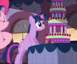 Size: 1125x938 | Tagged: safe, screencap, character:pinkie pie, character:twilight sparkle, character:twilight sparkle (unicorn), species:earth pony, species:pony, species:unicorn, episode:mmmystery on the friendship express, g4, my little pony: friendship is magic, bipedal, bipedal leaning, cake, cropped, eyes closed, female, food, leaning, looking at something, mare, marzipan mascarpone meringue madness, solo, solo focus