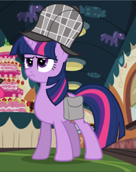 Size: 743x939 | Tagged: safe, screencap, character:twilight sparkle, character:twilight sparkle (unicorn), species:pony, species:unicorn, episode:mmmystery on the friendship express, g4, my little pony: friendship is magic, clothing, cropped, deerstalker, detective, hat, saddle bag, sherlock holmes, solo